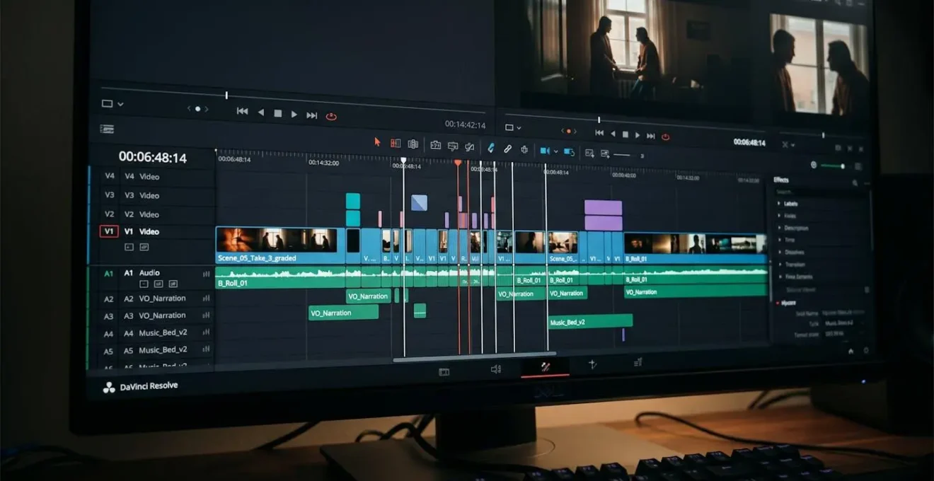 Gros plan sur une timeline de montage vidéo avec points de coupe précisément positionnés, rendu professionnel