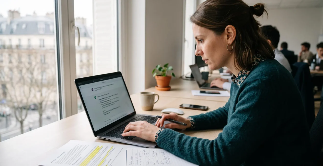 Une consultante en marketing digital interroge un assistant conversationnel sur son ordinateur portable dans un bureau lumineux.