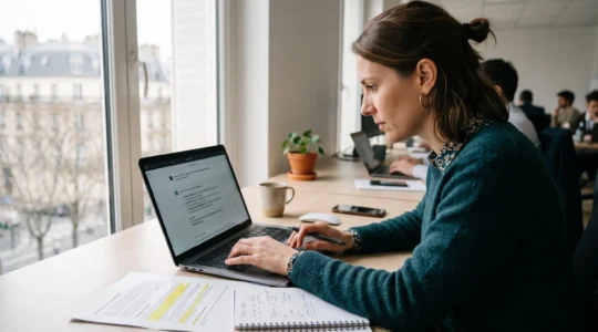 Une consultante en marketing digital interroge un assistant conversationnel sur son ordinateur portable dans un bureau lumineux.