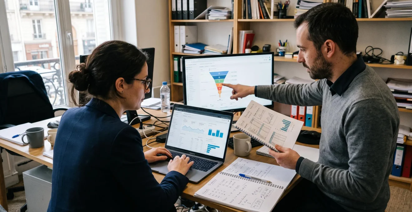 Deux collaborateurs analysent les données de leur site sur un ordinateur portable et un écran dans un bureau.