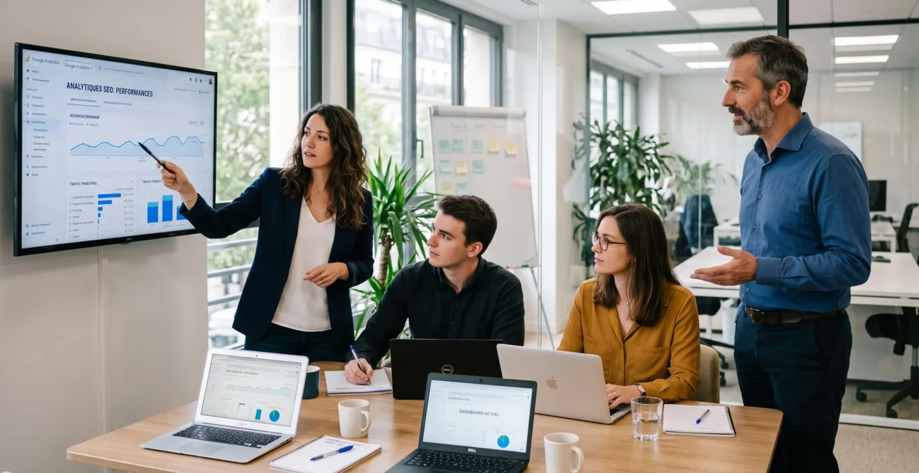 Une équipe marketing en session de formation SEO autour d'un écran d'analytics dans un bureau moderne.