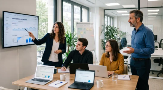 Une équipe marketing en session de formation SEO autour d'un écran d'analytics dans un bureau moderne.