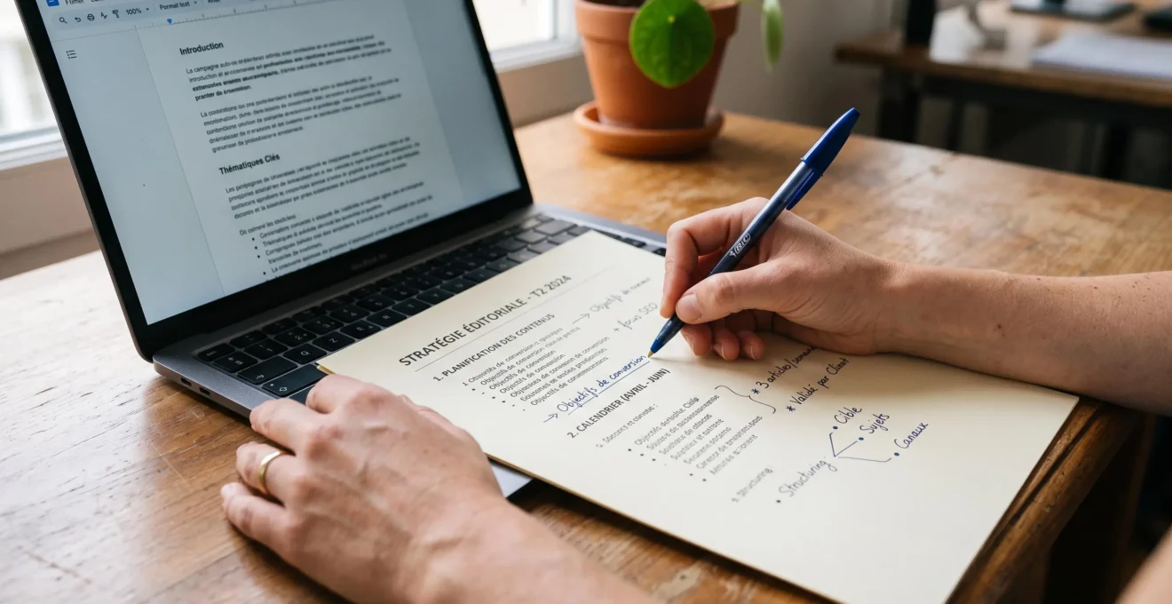 Les mains d'une stratège de contenu annotent un plan éditorial imprimé à côté d'un ordinateur portable ouvert.